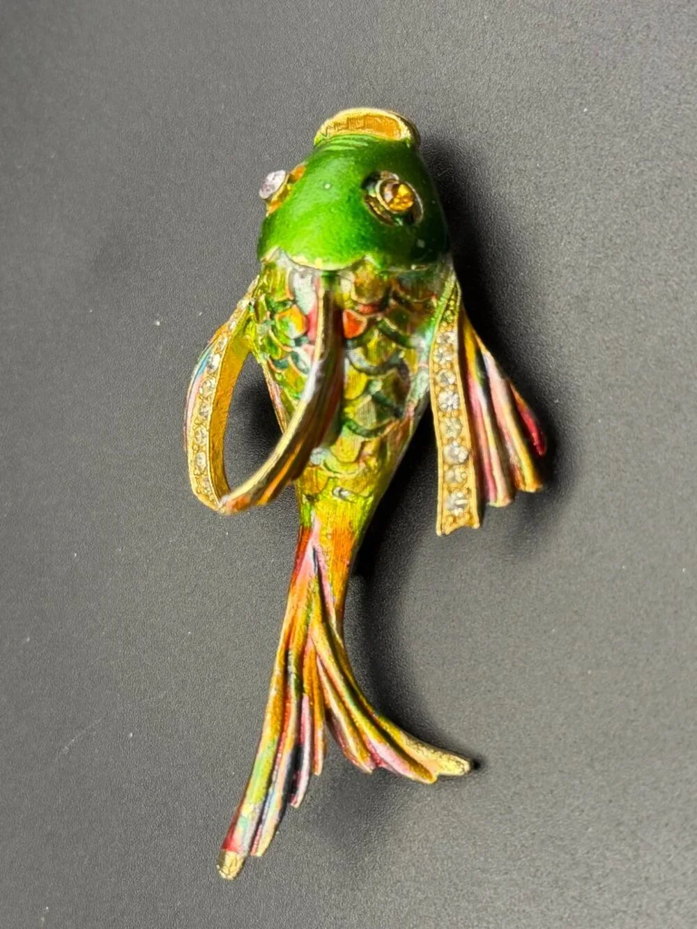 Vintage Unsigned Enamel koi Fish Brooch Pin Rhinestone Gold Tone Colorful